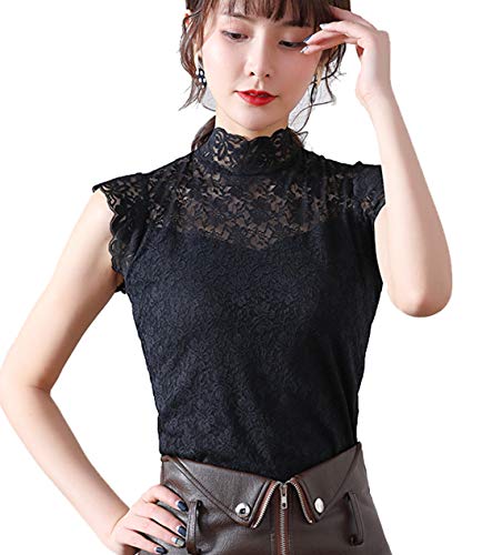 Cheerlife Elegant Damen Stehkragen Kurzarmshirt Spitzenshirt Blumen Spitze OL Business Party Top Bluse Tunika Sommer 3XL Schwarz von Cheerlifee