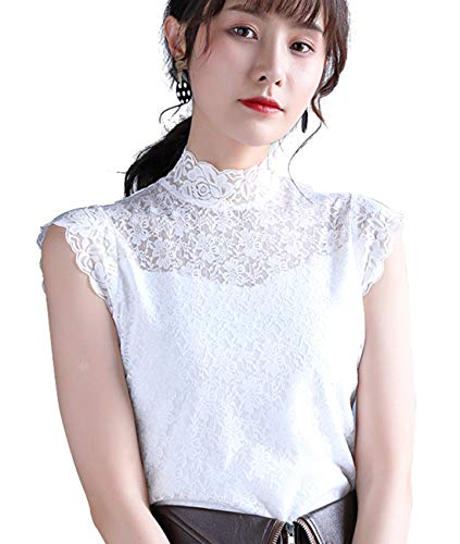 Cheerlife Elegant Damen Stehkragen Kurzarmshirt Spitzenshirt Blumen Spitze OL Business Party Top Bluse Tunika Sommer 3XL Weiß von Cheerlifee
