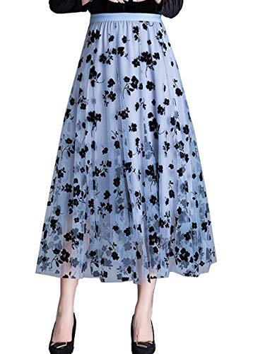 Cheerlife Elegant Damen Tüllrock A-Linie Rock Langer Rock mit Spitzenblumen Elastischer Hoher Bund Mesh Rock Midi Rock (Blau, XXL) von Cheerlifee