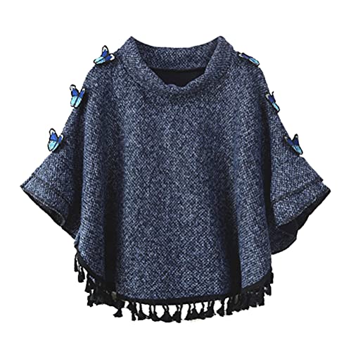 Cheerlife Mädchen Damen Strick Poncho Cape mit Schmetterlinge Pullover Strickpullover Strickponcho Grobstrick Fledermaus Pulli Sweater Top (Blau) von Cheerlifee
