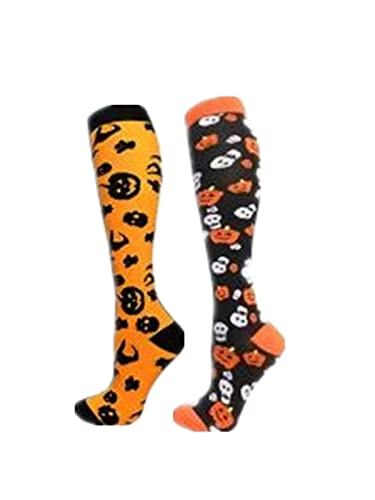 Cheeroyal 2 Paar Kompressionssocken 20–30 mmHg Halloween-Kürbis-Skelett-Geist-Socken für Festival, Männer, Frauen, Erholung, Laufen,Sport (as3, alpha, s, m, regular, regular, Halloween-1-2, S) von Cheeroyal