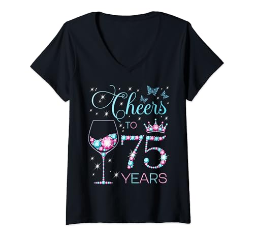 Damen Prost auf die 75. Geburtstagsfeier zum 75. Geburtstag von 75 Jahren Herzlichen Glückwunsch T-Shirt mit V-Ausschnitt von Cheers Birthday Pink & Blue