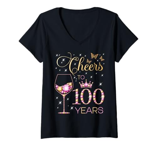 Damen EIN Hoch auf die 100 Jahre Alten Frauen zum 100. Geburtstag T-Shirt mit V-Ausschnitt Damen EIN Hoch auf die 100 Jahre Alten Frauen zum 100. Geburtstag T-Shirt mit V-Ausschnitt von Cheers Birthday Pink