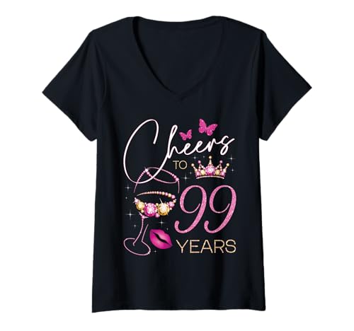 Damen EIN Hoch auf 99 Jahre alt, 99. Geburtstag der Königin, 99. Geburtstag T-Shirt mit V-Ausschnitt Damen EIN Hoch auf 99 Jahre alt, 99. Geburtstag der Königin, 99. Geburtstag T-Shirt mit V-Ausschnitt von Cheers It's My Birthday Party Bday Ideas