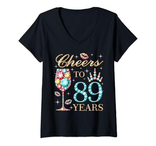 Damen Ein Hoch auf 89 Jahre, 89 Jahre alte Frauen, 89 Geburtstage, süß T-Shirt mit V-Ausschnitt von Cheers To Queen's Birthday Cute Birthday Outfits
