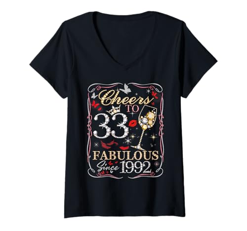 Damen Cheers to 33 Fabulous Since 1992. Women’s 33rd Birthday T-Shirt mit V-Ausschnitt Damen Cheers to 33 Fabulous Since 1992. Women’s 33rd Birthday T-Shirt mit V-Ausschnitt von Cheers to Fabulous 33 Diamond Style