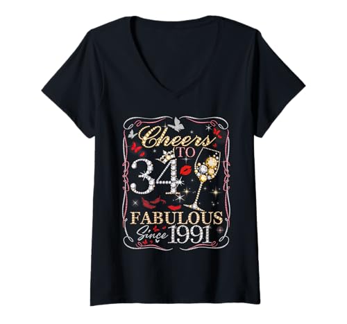 Damen Cheers to 34 Fabulous Since 1991. Women’s 34th Birthday T-Shirt mit V-Ausschnitt von Cheers to Fabulous 34 Diamond Style