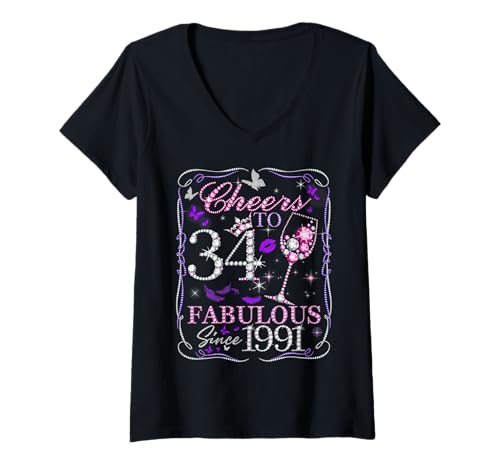 Damen Cheers to 34 Fabulous Since 1991. Women’s 34th Birthday T-Shirt mit V-Ausschnitt von Cheers to Fabulous 34 Diamond Style