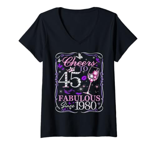 Damen Cheers to 45 Fabulous Since 1980. Women’s 45th Birthday T-Shirt mit V-Ausschnitt Damen Cheers to 45 Fabulous Since 1980. Women’s 45th Birthday T-Shirt mit V-Ausschnitt von Cheers to Fabulous 45 Diamond Style