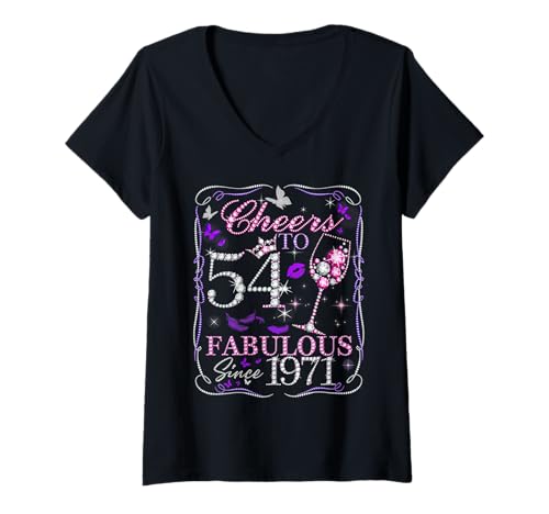 Damen Cheers to 54 Fabulous Since 1971. Women’s 54th Birthday T-Shirt mit V-Ausschnitt von Cheers to Fabulous 54 Diamond Style