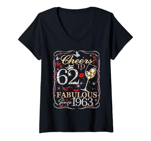 Damen Cheers to 62 Fabulous Since 1963. Women’s 62nd Birthday T-Shirt mit V-Ausschnitt Damen Cheers to 62 Fabulous Since 1963. Women’s 62nd Birthday T-Shirt mit V-Ausschnitt von Cheers to Fabulous 62 Diamond Style