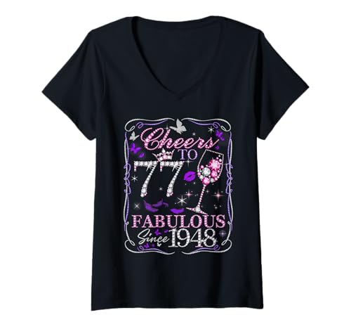 Damen Cheers to 77 Fabulous Since 1948. Women’s 77th Birthday T-Shirt mit V-Ausschnitt Damen Cheers to 77 Fabulous Since 1948. Women’s 77th Birthday T-Shirt mit V-Ausschnitt von Cheers to Fabulous 77 Diamond Style