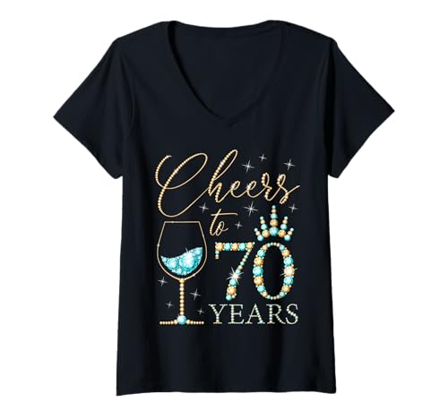 Damen Ein Hoch auf 70 Jahre alte Frauen zum 70. Geburtstag, Frauen, Königinnen, Geburtstag T-Shirt mit V-Ausschnitt Damen Ein Hoch auf 70 Jahre alte Frauen zum 70. Geburtstag, Frauen, Königinnen, Geburtstag T-Shirt mit V-Ausschnitt von Cheers to My Birthday Golden Yellow & Blue Green
