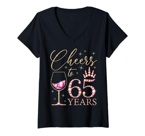 Damen Ein Hoch auf 65-jährige Frauen zum 65. Geburtstag, Frauen, Königinnen, Geburtstag T-Shirt mit V-Ausschnitt von Cheers to My Birthday Golden Yellow & Pink