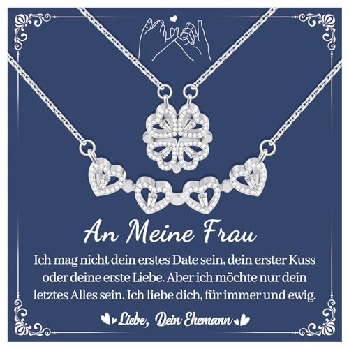 CheersLife 2 in 1 Kleeblatt Glücksbringer Magnetisches Herz Halskette Glänzendes Herz Anhänger Schmuck Geschenk für Frau Ehefrau Damen Personalisierte Valentinstag Geburtstag Geschenk Kette Silber von CheersLife