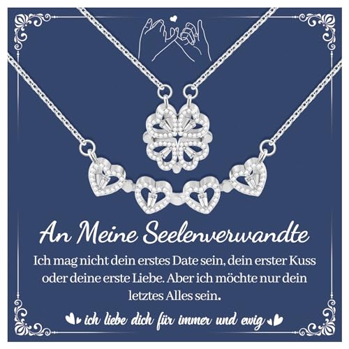 CheersLife 2 in 1 Kleeblatt Glücksbringer Magnetisches Herz Halskette Glänzendes Herz Anhänger Schmuck Geschenk für Freundin Frau Damen Personalisierte Valentinstag Geburtstag Geschenk Kette Silber von CheersLife