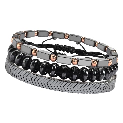 CheersLife Valentinstag Geschenke für ihn Armband Herren Armband 3 Stücke Geflochtene Hämatit Armband für Herren Magnetarmband Herren Armbänder für Herren Schwarz Punk Retrostil Geschenk für Ehemann von CheersLife