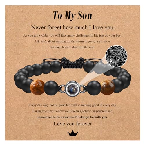 CheersLife an Meinen Sohn Armband Herren Geschenke für Sohn Geschenke für Männer Herren Perlenarmband Onyx Natursteinperlen Tigerauge ICH LIEBE DICH Projektionsstein 100 Sprache Armband 8mm Armbänder von CheersLife