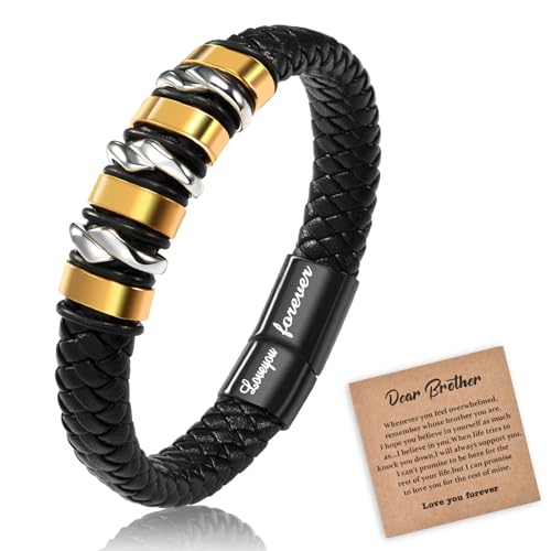 CheersLife Geschenke für BruderArmband Herren Schwarz Männer-Armband Lederarmband für Männer Silber & Gold Metallzubehör aus Edelstahl Geflochten mit Magnetverschluss Leder-Armreif Herrenarmreif von CheersLife