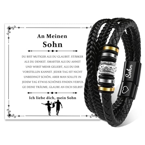 CheersLife Sohn Geschenk von Mama Papa Geschenke für Sohn Männer Armband Geschenk zum 18 Geburtstag Junge Lederarmband Coole Armbänder mit Gravur Weihnachtengeschenke für Männer Teenager Junge von CheersLife