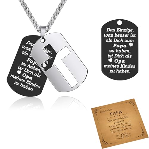 CheersLife Geschenke für Papa Vater Geschenk Bester Papa Geschenke Papa Kette Papa Halskette Kette mit Gravur Edelstahl Geschenke Papa Opa Werdender Opa Geschenk Herren Halskette Kreuz Dog Tag Kette von CheersLife