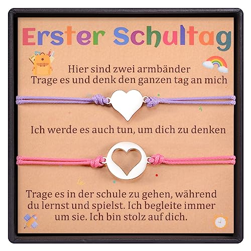 CheersLife 2 Pcs Erster Schultag Armband Geschenke Herz Armbänder Set für Mama und Tochter einstellbare Mama und mir Schmuck Zurück zu Schule Armband Geschenke für Mädchen Jungen (Rose rot & lila) von CheersLife