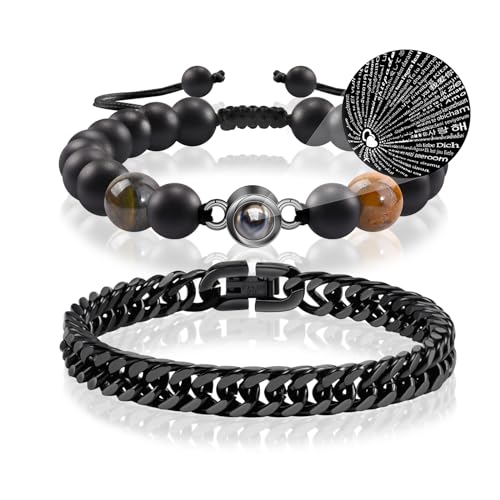 CheersLife 2 Pcs Für Meinen Sohn Geschenk Für Sohn Projektion Armband Männer Edelstahl Cuban Chain Ich liebe dich in 100 Sprachen Geschenke für Männer Papa Ehemann Freund Paare (19cm Schwarz) von CheersLife