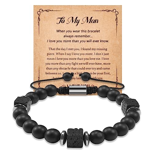 Cheerslife Armband Herren Perlen für Armbänder für Herren Armband Männer Armkette Perlenarmband Herren Armkette 8mm Einstellbar Onyx Lavastein Naturstein Armband Ehemann Jubiläumsgeschenk Valentinstag von CheersLife