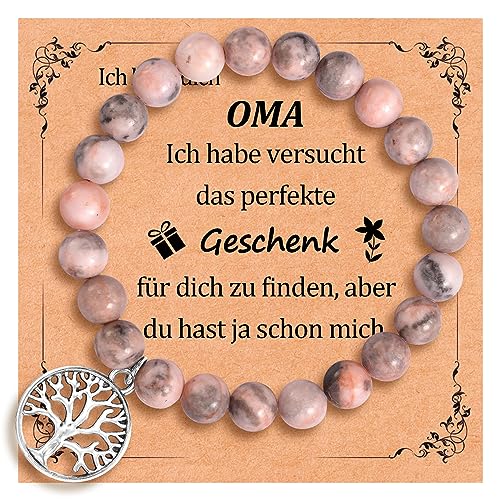 CheersLife Oma Armband,Lebensbaum Naturstein Damen Armband,Oma Geschenk, Weihnachten Geburtstag Muttertag Geschenk für Großmutter Rosa von CheersLife