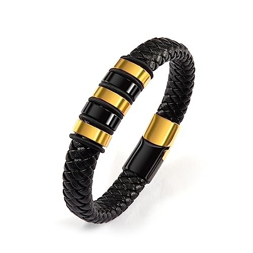 CheersLife Schwarzes Echtes Lederarmband für Männer Sohn Jungen Geflochtenes Leder Manschette Armband Gold und Schwarz Edelstahl Verschluss 8,5 Zoll von CheersLife