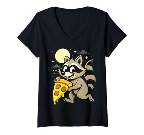 Damen Lustiger Cartoon-Waschbär Nabbing a Pizza Slice T-Shirt mit V-Ausschnitt Damen Lustiger Cartoon-Waschbär Nabbing a Pizza Slice T-Shirt mit V-Ausschnitt von CheeseBandits