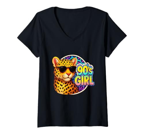 Damen Gepard 90er Jahre Mädchen Geburtstag Party Regenbogen Leopard Print 1990er Jahre T-Shirt mit V-Ausschnitt Damen Gepard 90er Jahre Mädchen Geburtstag Party Regenbogen Leopard Print 1990er Jahre T-Shirt mit V-Ausschnitt von Cheetah 90s Girl Birthday Party Rainbow