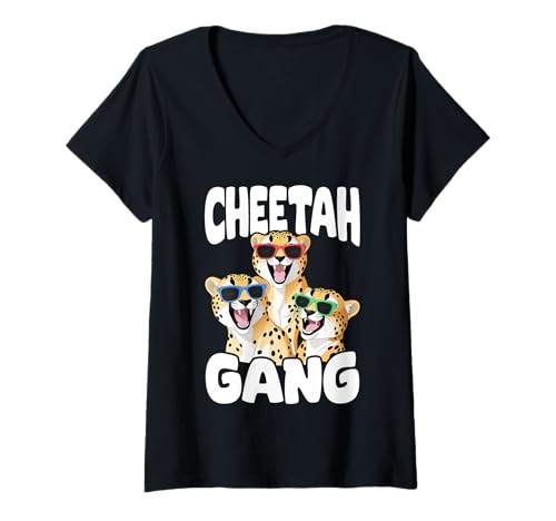 Damen Cheetah Gang Coole Wildkatzen-Safari-Atmosphäre T-Shirt mit V-Ausschnitt Damen Cheetah Gang Coole Wildkatzen-Safari-Atmosphäre T-Shirt mit V-Ausschnitt von Cheetah Designs for Wildlife Leopard Lover