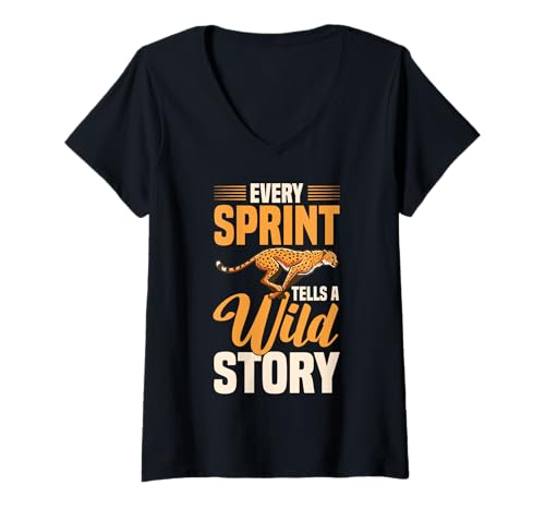 Damen Jeder Sprint erzählt eine Wilde Geschichte | Cheetah Running T-Shirt mit V-Ausschnitt Damen Jeder Sprint erzählt eine Wilde Geschichte | Cheetah Running T-Shirt mit V-Ausschnitt von Cheetah Designs for Wildlife Leopard Lover