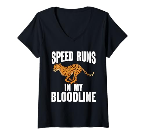 Damen Speed Runs in Meinem Bloodline Cheetah Runner Sprint T-Shirt mit V-Ausschnitt von Cheetah Designs for Wildlife Leopard Lover