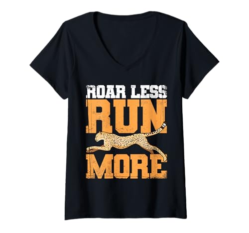 Damen Weniger brüllen, mehr Laufen, Cheetah Runner, Marathonstrecke T-Shirt mit V-Ausschnitt Damen Weniger brüllen, mehr Laufen, Cheetah Runner, Marathonstrecke T-Shirt mit V-Ausschnitt von Cheetah Designs for Wildlife Leopard Lover