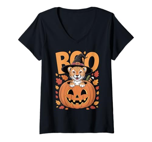 Damen Gepardenkostüm auf Kürbis Halloween Gepard T-Shirt mit V-Ausschnitt Damen Gepardenkostüm auf Kürbis Halloween Gepard T-Shirt mit V-Ausschnitt von Cheetah Halloween kids, women, men