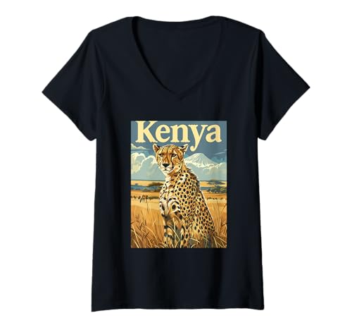 Damen Kenia Gepard Landschaft Safari Kunst T-Shirt mit V-Ausschnitt Damen Kenia Gepard Landschaft Safari Kunst T-Shirt mit V-Ausschnitt von Cheetah Safari Wildlife Adventure