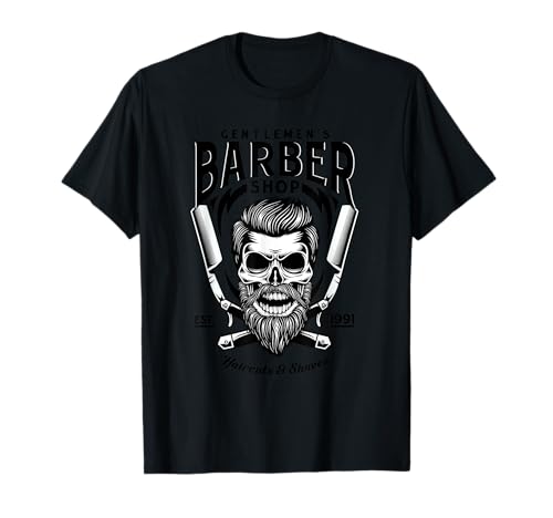Cheetz Tees Herren T-Shirt Bartträger Friseure Barbier Kurzarm Klassisch Dark Comedy Skull & Crossbones Razors Schwarz S von Cheetz Tees
