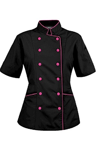 Chef Apparel Kurze Ärmel Damen Damen Chef Mantel Jacken L (für Büste 38-39), Schwarz (Rosa Trim) von Chef Apparel