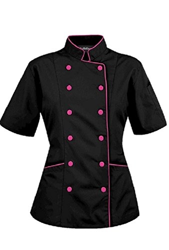 Chef Apparel Kurze Ärmel Damen Damen Chef Mantel Jacken M (für Büste 36-37), Schwarz (Rosa Trim) von Chef Apparel