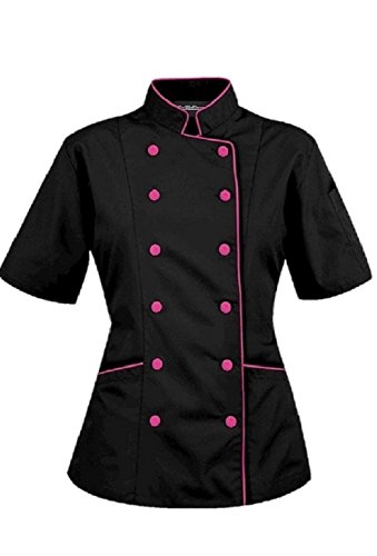 Chef Apparel Kurze Ärmel Damen Damen Chef Mantel Jacken XL (für Büste 40-41), Schwarz (Rosa Trim) von Chef Apparel