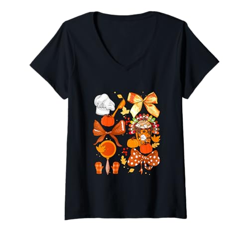 Damen Thanksgiving Lunch Lady Chef Tools Fliege Kürbisse Kaffee T-Shirt mit V-Ausschnitt Damen Thanksgiving Lunch Lady Chef Tools Fliege Kürbisse Kaffee T-Shirt mit V-Ausschnitt von Chef Holiday List Costume