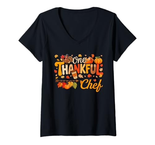Damen One Thankful Chef Thanksgiving Fall Truthahn Proud Job T-Shirt mit V-Ausschnitt Damen One Thankful Chef Thanksgiving Fall Truthahn Proud Job T-Shirt mit V-Ausschnitt von Chef Thanksgiving Costume