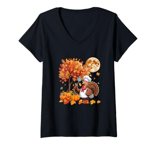 Damen Turkey Costume Chef Tools Thanksgiving Fall Leaves Pumpkins T-Shirt mit V-Ausschnitt von Chef Thanksgiving Costume