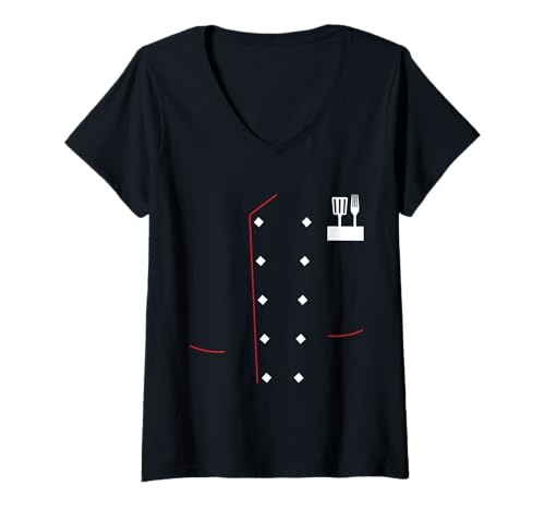 Damen Koch Uniform Jacke Faux Cook Chef Master Kochen Kostüm T-Shirt mit V-Ausschnitt von Chef Uniform Halloween costumes