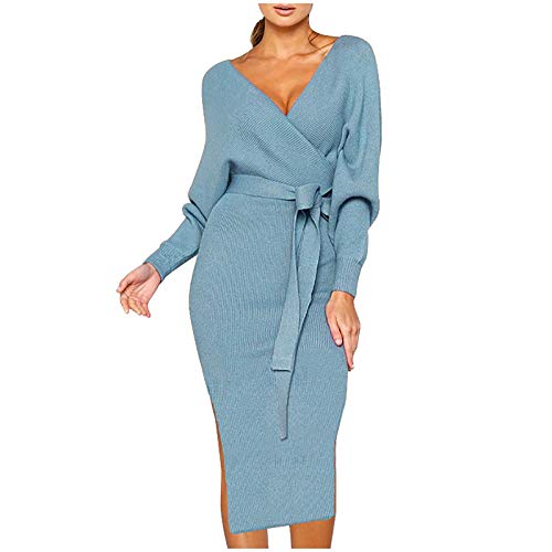 Chejarity Damen Elegant Strickkleid Pulloverkleid Tunika Kleid V-Ausschnitt Langarm Minikleid Mit Gürtel Sweater Herbstkleid Lose Pullover Kleider für Herbst Winter (M, Blau) von Chejarity