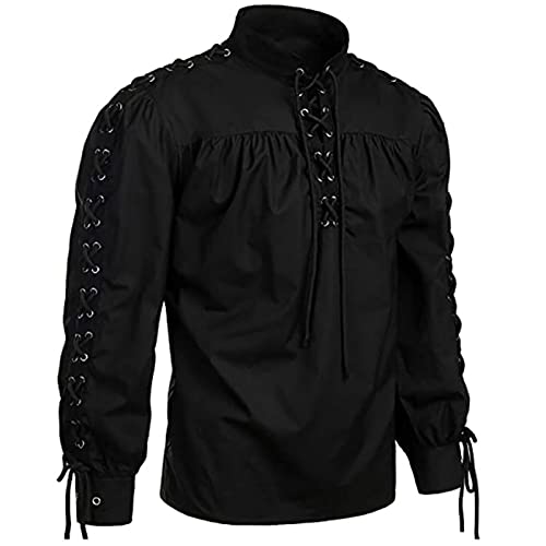 Chejarity Herren Mittelalter Retro Hemd Viking Kostüm Schnürhemd Bandage Langarm Piratenhemd Renaissance Viktorianisch Gothic Männer Faschingskostüme Krieger Weihnachten Uniform Kleidung von Chejarity