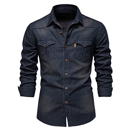 Hemden Herren Jeanshemd Mit Brusttasche Druckknopf Cowboy Hemd Vintage Jeansoptik Hemdjacke Cargo Langarm Hemd für Männer Regular Fit Holzfällerhemd Freizeithemd Arbeitshemd Männer Trachtenhemd von Chejarity