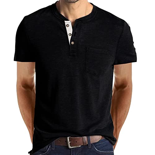 Kurzarmshirt Herren Basic Henley Tshirt mit Grandad-Ausschnitt Shortsleeve Männer Rundhals Lässige T-Shirt Oversize Oberteile Tops mit Knöpfen und Brusttasche von Chejarity